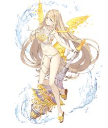 Rule 34 | 1girl, aqua eyes, blonde hair, bracelet, breasts, collarbone, full body, hand on own chest, jewelry, ji no, large breasts, long hair, looking at viewer, nail polish, navel, official art, rapunzel (sinoalice), sandals, sinoalice, smile, solo, swimsuit, thighlet, transparent background, very long hair, wand, water