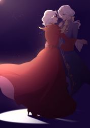 Rule 34 | 1boy, 1girl, blue eyes, bow, dancing, dress, face-to-face, frilled sleeves, frills, glowing, hand grab, hand on another&#039;s hip, highres, identity v, joseph desaulniers, kalianabokalisi, long sleeves, mary (identity v), ponytail, red bow, red dress, red eyes, white hair, yellow bow, yellow neckwear
