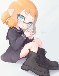 Rule 34 | 1girl, artist name, black footwear, black neckerchief, black sailor collar, black shirt, black shorts, blouse, blunt bangs, bob cut, boots, closed mouth, cross-laced footwear, dolphin shorts, green eyes, grey background, highres, inkling, inkling girl, inkling player character, interlocked fingers, lace-up boots, looking at viewer, mask, neckerchief, nintendo, orange hair, own hands together, pioxpioo, pointy ears, sailor collar, school uniform, serafuku, shadow, shirt, short hair, short shorts, shorts, signature, smile, solo, tentacle hair