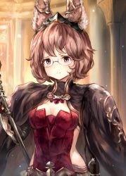 Rule 34 | 1girl, animal ears, bad id, bad pixiv id, blush, breasts, brown hair, cleavage, cloak, commentary request, constance (granblue fantasy), crying, crying with eyes open, erune, glasses, granblue fantasy, highres, looking at viewer, medium breasts, red eyes, rimless eyewear, solo, staff, sukemyon, tears, tiara, upper body