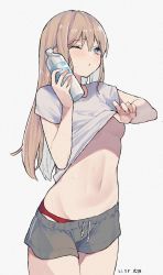 Rule 34 | 1girl, blonde hair, blue eyes, bottle, breasts, clothes lift, cowboy shot, grey shorts, groin, highres, holding, holding bottle, lifted by self, long hair, looking at viewer, midriff, mimelond, navel, no bra, one eye closed, original, panties, panty peek, parted lips, red panties, shirt, shirt lift, short shorts, short sleeves, shorts, simple background, small breasts, solo, standing, stomach, sweat, underwear, water bottle, white background, white shirt