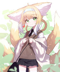 Rule 34 | 1girl, absurdres, ahoge, alternate costume, animal ears, arknights, beudelb, black necktie, black skirt, blonde hair, blue hairband, blush, braid, brown vest, collared shirt, colored tips, commentary, cowboy shot, fox ears, fox girl, fox tail, green eyes, grey jacket, hairband, heart, highres, jacket, kitsune, large ears, long hair, looking at viewer, multicolored hair, multiple tails, necktie, off shoulder, open clothes, open jacket, plant, pleated skirt, school uniform, shirt, skirt, smile, solo, suzuran (arknights), tail, thighhighs, vest, white background, white hair, white shirt, white thighhighs