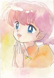 Rule 34 | 1girl, blue eyes, braid, chiitara (bussan0704), happy, highres, looking up, mandarin collar, open mouth, own hands together, painting (medium), pink hair, ranma-chan, ranma 1/2, saotome ranma, single braid, smile, solo, texture, traditional media, upper body, watercolor (medium)