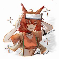 Rule 34 | 1girl, animal ear fluff, animal ears, arknights, arm behind head, arms up, black choker, breasts, choker, collarbone, commentary request, crop top, cropped torso, flametail (arknights), hair between eyes, highres, looking at viewer, medium breasts, navel, orange shirt, red eyes, red hair, seven (sevenmisaka7), shirt, short sleeves, simple background, smile, solo, upper body, white background