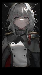 Rule 34 | 1girl, absurdres, arknights, ascot, black ascot, black background, black border, border, capelet, closed mouth, dragon horns, epaulettes, grey capelet, grey eyes, highres, horns, long hair, long sleeves, looking at viewer, military, military uniform, silver hair, simple background, snowing, solo, talulah (arknights), talulah the fighter (arknights), uniform, upper body, zhengyi de laoban er