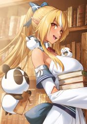 Rule 34 | 1girl, :d, absurdres, animal, animal on shoulder, bare shoulders, bird, bird on shoulder, blonde hair, blue bow, blush, book, book stack, bookshelf, bow, bowtie, breasts, commentary request, dark-skinned female, dark skin, detached sleeves, dress, elf, elfriend (shiranui flare), from side, hair bow, highres, hololive, kintsuba (shiranui flare), large breasts, long hair, long sleeves, multicolored hair, nemoto yuuma, open mouth, pointy ears, ponytail, red bow, red bowtie, red eyes, shiranui flare, shiranui flare (1st costume), sideways glance, smile, solo, streaked hair, virtual youtuber, white dress, white hair