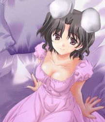 Rule 34 | 00s, 1girl, aged up, animal ears, artist request, bed, black hair, breasts, brown eyes, cleavage, dress, female focus, inaba tewi, jpeg artifacts, lowres, rabbit ears, short hair, solo, third-party edit, to heart (series), to heart 2, touhou, yuzuhara haruka