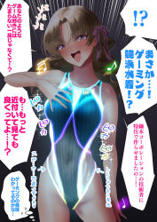 Rule 34 | 1girl, black ribbon, blue one-piece swimsuit, breasts, brown hair, collarbone, competition swimsuit, dark, emphasis lines, glowing, grey background, hair ribbon, hand on own chest, long hair, looking at viewer, medium breasts, one-piece swimsuit, open mouth, original, purple eyes, ribbon, round teeth, sen (sansui), simple background, smile, solo, swimsuit, teeth, translation request, upper teeth only, wavy hair