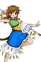 Rule 34 | 1girl, barefoot, blue dress, blush stickers, brown hair, circlet, closed mouth, detached sleeves, dress, green dress, holding, long hair, low twintails, monkey tail, multicolored clothes, multicolored dress, non-web source, official art, orange dress, red eyes, single detached sleeve, smile, solo, son biten, tail, test tube, touhou, transparent background, twintails, unfinished dream of all living ghost, white sleeves, zun (artist)