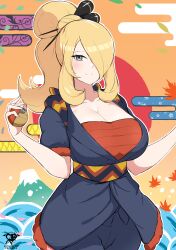 Rule 34 | 1girl, absurdres, black eyes, blonde hair, blue hakama, blue kimono, blush, breasts, cleavage, closed mouth, commentary, creatures (company), cynthia (pokemon), fur-trimmed sleeves, fur trim, game freak, hair ornament, hair over one eye, hair stick, hakama, high side ponytail, highres, holding, japanese clothes, kaos art, kimono, large breasts, long hair, looking at viewer, nintendo, official alternate costume, official alternate hairstyle, one eye covered, poke ball, poke ball (legends), pokemon, pokemon (anime), pokemon journeys, sarashi, short sleeves, sidelocks, smile, solo