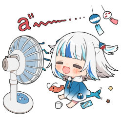 Rule 34 | 1girl, a (phrase), animal costume, animal hood, barefoot, blue hair, blue hoodie, blunt bangs, chibi, closed eyes, commentary, cup, ebi-chan (gawr gura), electric fan, fins, fish tail, gawr gura, hair ornament, hololive, hololive english, hood, hoodie, hoshinecokaname, long sleeves, medium hair, multicolored hair, non porn, on floor, open mouth, popsicle stick, shark costume, shark girl, shark hair ornament, shark hood, shark tail, sharp teeth, shrimp, simple background, sitting, sleeves past wrists, solo, star (symbol), streaked hair, tail, tail wagging, teeth, two side up, virtual youtuber, white background, white hair, wide sleeves, wrapper