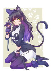 Rule 34 | 1girl, alternate costume, animal ears, black hair, blake belladonna, boots, cat ears, cat girl, cat tail, fang, high heel boots, high heels, highres, iesupa, long hair, paw print, rwby, solo, tail, white background, yellow eyes