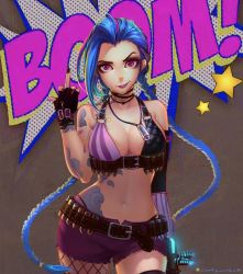 Rule 34 | 1girl, alternate breast size, belt, blue hair, braid, breasts, bullet, cleavage, highres, jewelry, jinx (league of legends), league of legends, lipstick, long hair, makeup, middle finger, necklace, pink eyes, pink lips, shorts, tattoo, twin braids