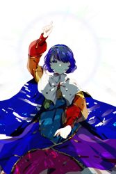 Rule 34 | 1girl, artist request, bad id, bad twitter id, blue eyes, cape, dress, hairband, halo, highres, looking at viewer, multicolored clothes, multicolored dress, multicolored hairband, pointing, pointing down, pointing up, rainbow gradient, red button, short hair, simple background, solo, tenkyuu chimata, touhou, two-sided cape, two-sided fabric, white background, white cape