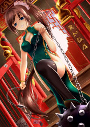 Rule 34 | 1girl, ball and chain (weapon), bare shoulders, black thighhighs, blue eyes, breasts, brown hair, chain, china dress, chinese clothes, cleavage, cleavage cutout, clenched teeth, clothing cutout, dress, earrings, flail, from below, green dress, hair ornament, highres, jewelry, legs, long hair, looking down, medium breasts, no panties, original, ponytail, shoes, solo, spiked ball and chain, spikes, teeth, thighhighs, thighs, translation request, u jie, very long hair, weapon