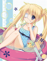 Rule 34 | 10s, 1girl, black ribbon, blonde hair, blue eyes, blue one-piece swimsuit, casual one-piece swimsuit, eypatch, flat chest, frilled swimsuit, frills, hair between eyes, innertube, long hair, nakatsu shizuru, one-piece swimsuit, parted lips, pokopi, polka dot, polka dot swimsuit, rewrite, ribbon, sitting, solo, swim ring, swimsuit, twintails, very long hair, water, water gun