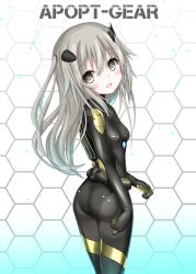 Rule 34 | 1girl, ass, black bodysuit, blush, bodysuit, breasts, from behind, grey eyes, grey hair, highres, langley1000, long hair, looking back, open mouth, original, pilot suit, skin tight, small breasts, smile, solo, tight clothes