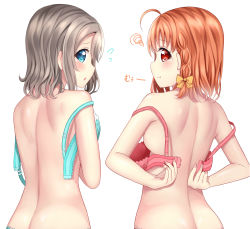 Rule 34 | 10s, 2girls, :o, :t, ahoge, aqua bra, arms behind back, back, bare arms, bare back, bare shoulders, blue eyes, blush, bow, bra, braid, brown hair, closed mouth, flying sweatdrops, from behind, hair bow, highres, looking at viewer, looking back, love live!, love live! sunshine!!, mizukoshi (marumi), multiple girls, nail polish, open bra, orange hair, pink bra, pink nails, pout, profile, red eyes, short hair, side braid, simple background, squiggle, standing, takami chika, tareme, tears, translated, underwear, underwear only, unfastened, upper body, watanabe you, white background, yellow bow