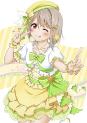Rule 34 | 1girl, ;q, beret, blush, center frills, commentary request, crescent, crescent hair ornament, cross-laced clothes, diamond (love live!), feathers, frilled sleeves, frills, green nails, green ribbon, grey hair, hair ornament, halterneck, hat, hat feather, hat ornament, hat ribbon, index fingers raised, love live!, love live! nijigasaki high school idol club, love live! school idol festival all stars, nail polish, nakasu kasumi, neck ribbon, one eye closed, pointing, pointing at self, red eyes, ribbon, shirt, short hair, short sleeves, skirt, solo, star (symbol), star hair ornament, star hat ornament, suzume miku, tongue, tongue out, white feathers, white shirt, wrist cuffs, yellow hat, yellow nails, yellow ribbon, yellow skirt