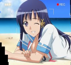 Rule 34 | 15 bishoujo hyouryuuki, 1girl, beach, blue hair, blue sky, breasts, close-up, female focus, grin, long hair, lying, medium breasts, no bra, on stomach, one eye closed, open clothes, purple eyes, recording, sand, school uniform, screencap, sky, smile, solo, stitched, third-party edit, water, wink, yotsuya kotoko