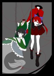 Rule 34 | 2girls, bad id, bad pixiv id, black background, black footwear, black theme, blood, blood from mouth, boots, bow, closed eyes, creepy, death, decapitation, disembodied head, dress, endwhite, fins, green dress, hair bow, head fins, highres, horror (theme), japanese clothes, kimono, mermaid, miniskirt, monster girl, multiple girls, red eyes, red hair, sekibanki, short hair, simple background, skirt, string, string of fate, touhou, wakasagihime, walking