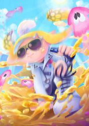 Rule 34 | 1girl, bad id, bad pixiv id, badge, bike shorts, black shorts, blonde hair, blue sky, boots, brown eyes, button badge, closed mouth, cloud, clumeal, day, highres, holding, holding paintbrush, inkbrush (splatoon), inkling, inkling girl, inkling player character, light rays, long hair, long sleeves, nintendo, on one knee, outdoors, over shoulder, paintbrush, pointy ears, shorts, sky, solo, splatoon (series), splatoon 2, squid, sun, sunbeam, sunglasses, sunlight, tentacle hair, white footwear, zipper, zipper pull tab