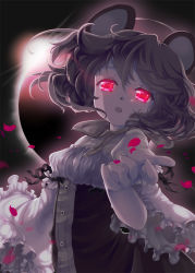 Rule 34 | 1girl, adapted costume, animal ears, brown dress, dress, eclipse, glowing, glowing eyes, grey hair, iris anemone, juliet sleeves, long sleeves, looking at viewer, mouse ears, nazrin, open mouth, outstretched arm, outstretched hand, pink eyes, puffy sleeves, shirt, solo, touhou, wide sleeves