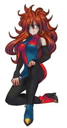 Rule 34 | 1girl, android 21, ankle boots, arm warmers, artist request, big hair, black-framed eyewear, black nails, black pantyhose, blue eyes, boots, breasts, brown eyes, curly hair, dragon ball, dragon ball fighterz, dress, earrings, female focus, glasses, high heel boots, high heels, hoop earrings, jewelry, long hair, multicolored boots, multicolored clothes, multicolored dress, nail polish, on one knee, pantyhose, ring, simple background, solo, white background