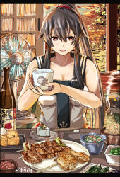 Rule 34 | 1girl, alcohol, beef, black hair, black necktie, black sailor collar, blush, bottle, bowl, breasts, character print, chicken (food), chili pepper, chopsticks, cleavage, commentary, cucumber, cup, edamame, egg, electric fan, food, fried rice, grass, hair between eyes, highres, holding, kanji, kantai collection, large breasts, long hair, looking at viewer, necktie, noodles, omelet, open mouth, plate, pleated skirt, ponytail, red eyes, red scrunchie, red skirt, rice bowl, sailor collar, sake, salad, school uniform, scrunchie, seitei (04seitei), self character print, serafuku, shirt, skewer, skirt, sleeveless, smile, solo, spring onion, stick, sunset, tamagoyaki, tofu, tree, twitter username, upper body, white shirt, yahagi (kancolle)