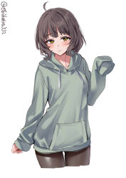 Rule 34 | 1girl, ahoge, artist name, black hair, black pantyhose, blush, brown eyes, commentary, cowboy shot, ebifurya, green hoodie, hand up, hashtag-only commentary, highres, hood, hood down, hoodie, kantai collection, kishinami (kancolle), long sleeves, looking at viewer, one-hour drawing challenge, pantyhose, short hair, simple background, sleeves past fingers, sleeves past wrists, solo, twitter username, white background