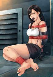 Rule 34 | 1girl, absurdres, barefoot, black hair, black skirt, body blush, bound, breasts, brown eyes, cloth gag, crop top, earrings, elbow gloves, final fantasy, final fantasy vii, final fantasy vii remake, foot focus, gag, gagged, gloves, highres, improvised gag, jewelry, large breasts, legs, long hair, looking at viewer, lost one zero, low-tied long hair, midriff, miniskirt, nail polish, no shoes, pencil skirt, pleated skirt, shirt, shorts, shorts under skirt, skirt, sports bra, square enix, suspender skirt, suspenders, tank top, tape, tape bondage, taut clothes, taut shirt, tifa lockhart, toenail polish, toenails, toes, white sports bra, white tank top, worried