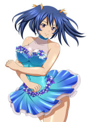 Rule 34 | 00s, 1girl, bare legs, bare shoulders, bashoku youjou, blue hair, blush, breasts, cleavage, female focus, hair ornament, ikkitousen, large breasts, legs, looking at viewer, purple eyes, see-through, shiny skin, short twintails, skirt, smile, solo, twintails