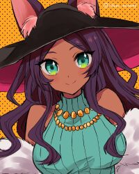 Rule 34 | 1girl, animal ears, bare shoulders, black hat, blush, breasts, dark-skinned female, dark skin, dress, fate/grand order, fate (series), fur jacket, green eyes, green sweater, hat, highres, izumi minami, jackal ears, jacket, jewelry, large breasts, long hair, looking at viewer, necklace, off shoulder, parted bangs, purple hair, queen of sheba (fate), smile, solo, sun hat, sweater, sweater dress, turtleneck, turtleneck sweater, white jacket