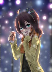 Rule 34 | 1girl, absurdres, ahoge, alternate costume, asao (flavor of morning), blue eyes, blurry, blurry background, blush, brown hair, commentary request, energy drink, hair between eyes, hair ribbon, heavy breathing, highres, hololive, jacket, looking at viewer, natsuiro matsuri, open mouth, ribbon, scarf, snowing, solo, virtual youtuber