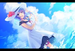 Rule 34 | 1girl, alternate costume, arm up, awai hinata, blue eyes, blue hair, blue sky, bracelet, breasts, cloud, cloudy sky, cowboy shot, day, dress, dutch angle, flower, hair down, hand on headwear, hat, hat flower, hat ribbon, hibiscus, hololive, hoshimachi suisei, jewelry, letterboxed, looking at viewer, medium breasts, medium hair, neck ribbon, ocean, open mouth, outdoors, red ribbon, ribbon, sky, sleeveless, sleeveless dress, smile, solo, sun hat, virtual youtuber, wading, white dress, white hat