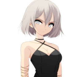 Rule 34 | 1girl, arms at sides, bad id, bad pixiv id, bare shoulders, black dress, breasts, choker, cleavage, closed mouth, collarbone, criss-cross halter, dress, closed eyes, female focus, hair between eyes, halterneck, halterneck, head tilt, highres, looking at viewer, medium breasts, mio yanagihara, original, portrait, serious, short hair, grey eyes, silver hair, simple background, sleeveless, sleeveless dress, solo, upper body, white background