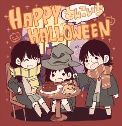 Rule 34 | 3girls, :d, akb48, black footwear, black hair, black robe, black skirt, blush, cake, chair, chibi, clenched hand, food, glasses, grey legwear, halloween, happy halloween, harry potter (series), hat, hogwarts school uniform, holding, holding wand, jack-o&#039;-lantern, katou rena, kizaki yuria, long hair, mole, mole above mouth, multiple girls, ooshima ryouka, open mouth, real life, red scarf, robe, round eyewear, scarf, school uniform, shoes, sitting, skirt, smile, solid circle eyes, sparkle, squatting, standing, striped clothes, striped scarf, table, taneda yuuta, v-shaped eyebrows, wand, window, witch hat, wizarding world, yellow scarf