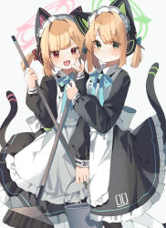 Rule 34 | 2girls, animal ear headphones, animal ears, apron, aqua ribbon, black dress, blonde hair, blue archive, blue ribbon, blush, broom, bucket, cat ear headphones, cat ears, cat tail, closed mouth, commentary, dress, fake animal ears, fake tail, feet out of frame, frilled apron, frilled dress, frills, green eyes, green halo, halo, headphones, higa (gominami), highres, holding, holding broom, holding bucket, long sleeves, looking at viewer, maid, maid apron, maid headdress, midori (blue archive), midori (maid) (blue archive), momoi (blue archive), momoi (maid) (blue archive), multiple girls, neck ribbon, official alternate costume, open mouth, pantyhose, petticoat, pinafore dress, pink halo, puffy long sleeves, puffy sleeves, red eyes, ribbon, siblings, simple background, sisters, sleeveless, sleeveless dress, sweatdrop, tail, tail under clothes, teeth, twins, twintails, two side up, upper teeth only, white apron, white background, white pantyhose