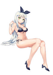 Rule 34 | 1girl, arm behind back, bare arms, bare legs, bare shoulders, bikini, black bikini, black footwear, black ribbon, blunt bangs, blush, breasts, cleavage, closed mouth, collarbone, foreshortening, full body, girls&#039; frontline, green eyes, hair ornament, hair ribbon, hairpin, hand up, high heels, highres, hk416 (girls&#039; frontline), invisible chair, long hair, looking at viewer, medium breasts, mourir, navel, playing with own hair, purple eyes, ribbon, side-tie bikini bottom, silver hair, simple background, sitting, solo, stomach, swimsuit, thighs, tsurime, very long hair, white background