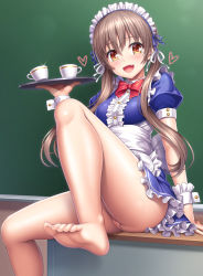 Rule 34 | 1girl, :d, apron, arm support, ass, bare legs, barefoot, blue dress, blue panties, blush, bow, bowtie, breasts, brown hair, center frills, chalkboard, cinderella series, commentary request, cup, desk, dress, fang, feet, frilled apron, frilled cuffs, frilled dress, frills, glint, hachigatsu no cinderella nine, hair ribbon, heart, holding, holding tray, knee up, lambda (kusowarota), lipstick, long hair, low twintails, makeup, nail polish, naoe tayu, no panties, on desk, open mouth, orange eyes, panties, pantyshot, pink lips, pink nails, puffy short sleeves, puffy sleeves, pussy, red bow, red bowtie, ribbon, short sleeves, sitting, small breasts, smile, solo, striped clothes, striped panties, teacup, thighhighs, toenail polish, toenails, toes, tray, twintails, uncensored, underwear, upskirt, waist apron, waitress, white apron, white ribbon, white thighhighs, wrist cuffs