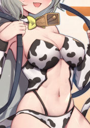 Rule 34 | 1girl, :d, animal print, armpits, bare shoulders, bell, bikini, bow, bowtie, breasts, carrying, chinese zodiac, choker, close-up, cow print, cow tail, cowbell, detached sleeves, fang, granblue fantasy, grey hair, hands up, highres, long sleeves, medium breasts, midriff, navel, open mouth, sen (granblue fantasy), short hair, smile, solo, stomach, sweatdrop, swimsuit, tail, thighs, uneg, white bikini, year of the ox, zodiac