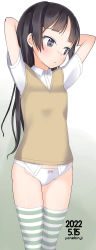 Rule 34 | 1girl, arms behind head, arms up, artist name, black hair, bow, bow panties, collared shirt, dated, dress shirt, grey eyes, highres, long hair, looking away, looking to the side, no pants, original, panties, shirt, short sleeves, solo, standing, striped clothes, striped thighhighs, sweater vest, thighhighs, underwear, very long hair, white panties, white shirt, yone kinji