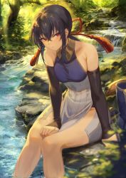 Rule 34 | 1girl, bare shoulders, black hair, breasts, brown eyes, clothes pull, commentary request, day, detached sleeves, feet out of frame, forest, highres, mashuu (neko no oyashiro), medium breasts, nature, original, outdoors, sitting, solo, stream, tree, water, wet