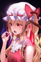 Rule 34 | 1girl, alternate hair length, alternate hairstyle, blonde hair, bow, collar, crystal, dark background, fangs, flandre scarlet, frilled collar, frills, hat, hat bow, hat ribbon, highres, holding, mirei, mob cap, open mouth, red bow, red eyes, red ribbon, red vest, ribbon, solo, touhou, upper body, vest, wings