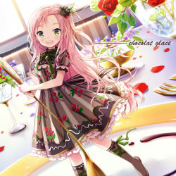 Rule 34 | 1girl, :d, bad id, bad pixiv id, black dress, dress, flower, french text, green eyes, hair ornament, long hair, looking at viewer, mini person, minigirl, nyanya, open mouth, original, petals, pink hair, print dress, puffy sleeves, red flower, red rose, rose, short sleeves, smile, solo, spoon, table, very long hair