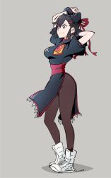Rule 34 | 1girl, absurdres, alternate costume, arms up, artist name, black hair, black pantyhose, blue eyes, breasts, brown pantyhose, closed mouth, from side, full body, grey background, gyosone, highres, kill la kill, large breasts, matoi ryuuko, medium breasts, multicolored hair, pantyhose, puffy short sleeves, puffy sleeves, red hair, short hair, short sleeves, simple background, solo, thighs, two-tone hair, white footwear, wrist cuffs