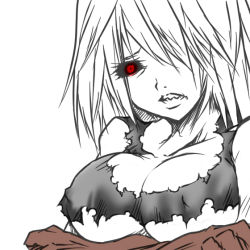 Rule 34 | 1girl, black sclera, bra, breasts, claws, colored sclera, glowing, glowing eyes, grey hair, jin (mugenjin), large breasts, left 4 dead, lingerie, partially colored, red eyes, sad, sharp teeth, solo, teeth, torn clothes, underwear, upper body, white hair, witch (left4dead), zombie