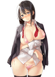 Rule 34 | 1girl, 3:, absurdres, arms under breasts, bad id, bad twitter id, bikini, black eyes, black hair, black thighhighs, blazer, blush, breast hold, breasts, buttons, closed mouth, collarbone, highres, jacket, kekemotsu, large breasts, long hair, looking at viewer, necktie, open clothes, original, pink bikini, school uniform, side-tie bikini bottom, simple background, solo, swimsuit, thighhighs, unbuttoned, undone necktie, white background