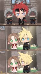 Rule 34 | !?, :3, aerith gainsborough, armor, belt, black suit, blonde hair, blue eyes, blue pants, blue shirt, blush, boots, bracelet, brick wall, brown hair, buster sword, chibi, church, cloud strife, comic, drawing sword, dress, earrings, facial mark, final fantasy, final fantasy vii, final fantasy vii remake, flower, formal, goggles, goggles on head, green eyes, green neckwear, gun, hair ribbon, helmet, holding, holding sword, holding weapon, jacket, jewelry, krudears, long dress, necklace, open clothes, open mouth, open shirt, over shoulder, pants, parted bangs, pink dress, pink ribbon, red hair, red jacket, reno (ff7), ribbon, rod, sequential, shinra infantry uniform, shirt, shoulder armor, sidelocks, single earring, sleeveless, sleeveless turtleneck, spiked hair, square enix, suit, suspenders, sweatdrop, sword, turks (ff7), turtleneck, weapon, weapon on back, weapon over shoulder