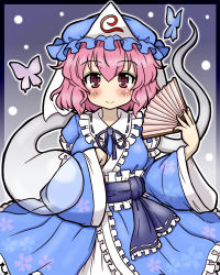 Rule 34 | 1girl, armband, blush, border, bug, butterfly, cherry blossoms, eruru (erl), female focus, fingernails, floral print, frills, gradient background, hand fan, hat, highres, hitodama, insect, japanese clothes, kimono, light particles, looking at viewer, mob cap, obi, pink eyes, pink hair, ribbon, saigyouji yuyuko, sash, short hair, sleeves past wrists, smile, solo, touhou, triangular headpiece, wide sleeves